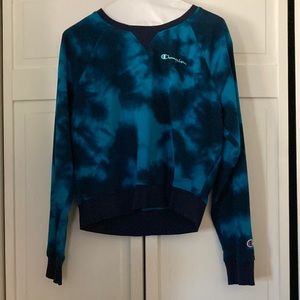 Champion Womens Tie-Dyed Crop Sweatshirt- Size M - Navy & Turquoise